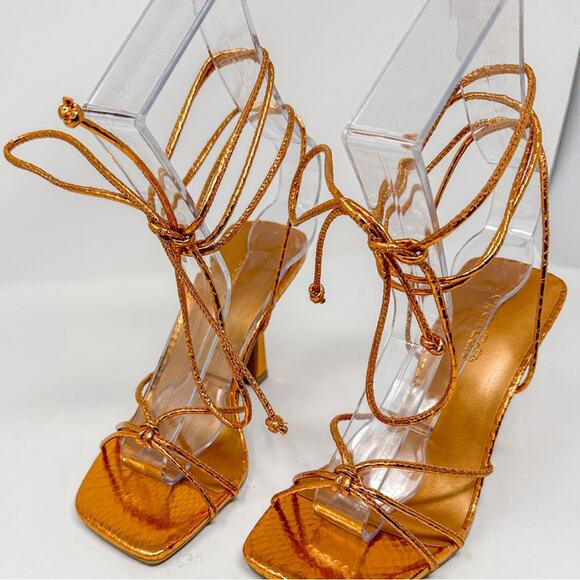 Open Edit Orange Bronze Metallic Ankle Calf Lace Strappy Sandals, NEW, Size 5 - Picture 3 of 10